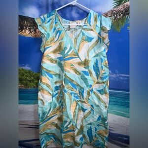 Rachel Zoe Shift Dress Tropical Banana Leaf 100% Linen Cap Sleeve Size Small